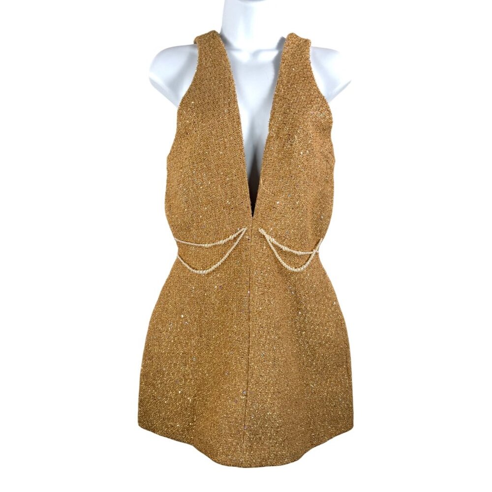 Chou‎ Chou sparkly tweed mini Y2K pearl detail dress gold sz M